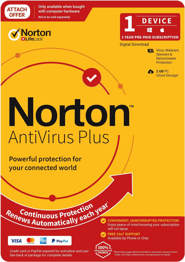 NORTON Anti Virus Plus 2020, 2GB, 1 User, 1 Devices, 12 Months, PC, MAC, Android, iOS, DVD, Subscription NORTON