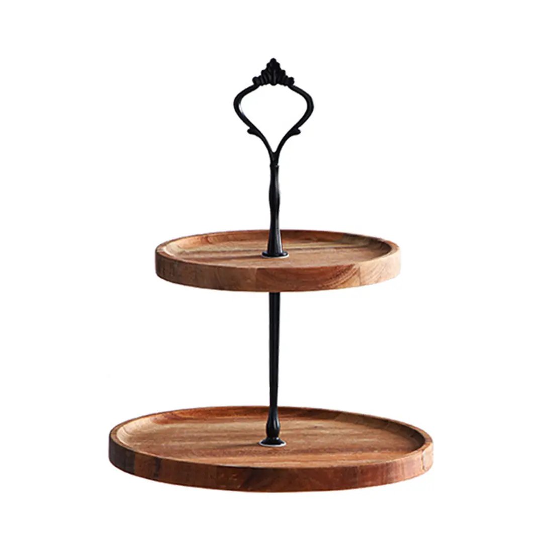 SOGA 15cm 2 Tier  Brown Round Wooden Acacia Dessert Tray Cake Snacks Cupcake Stand Buffet Serving Countertop Decor Soga