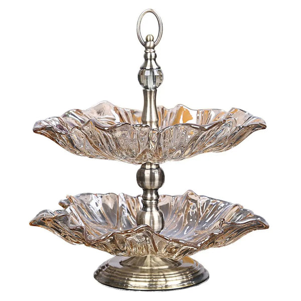 SOGA 2 Tier Bronze Lotus Vertex Crystal Glass Fruit Bowl Candy Holder Countertop Dessert Serving Basket Decor Soga