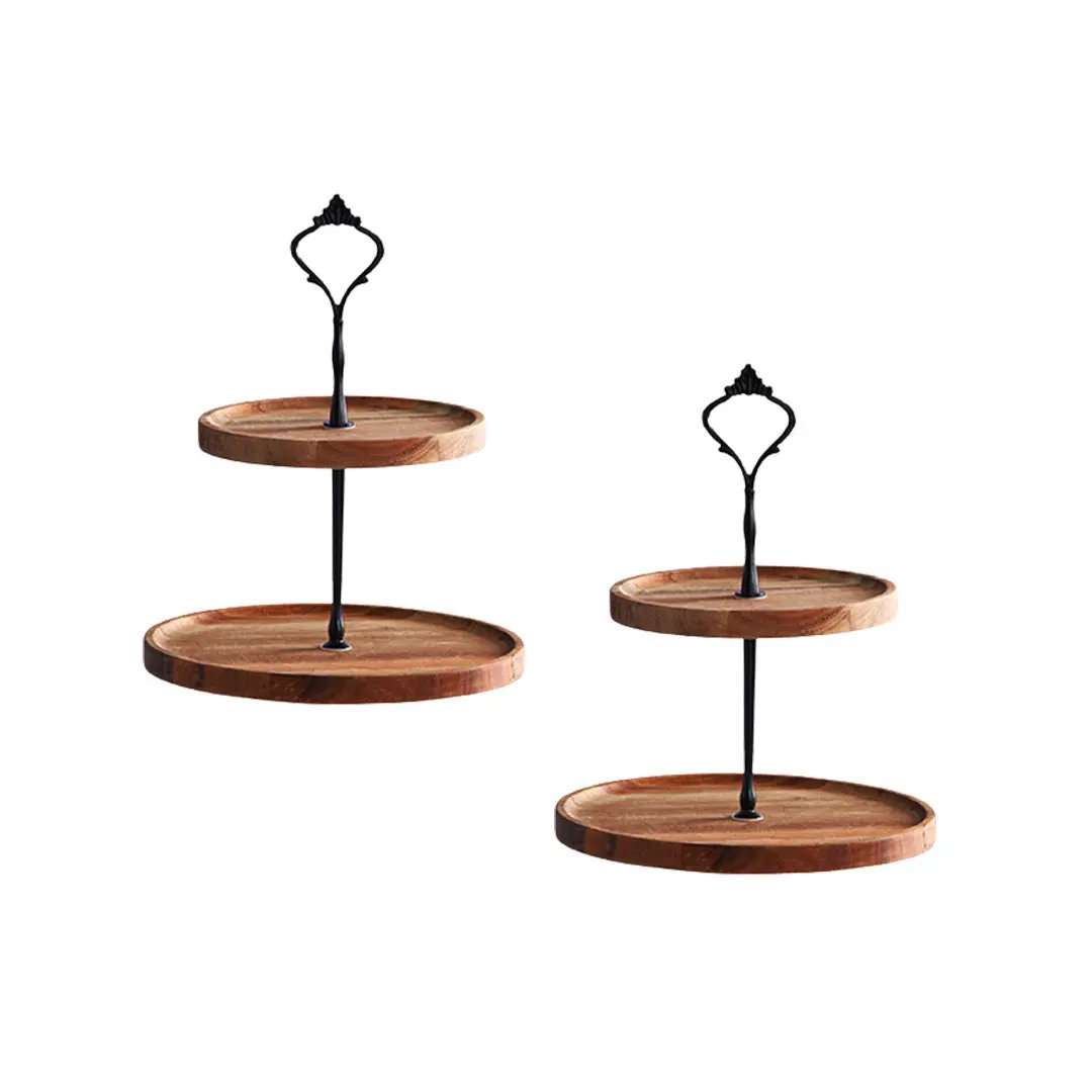 SOGA 2X 15cm 2 Tier  Brown Round Wooden Acacia Dessert Tray Cake Snacks Cupcake Stand Buffet Serving Countertop Decor Soga
