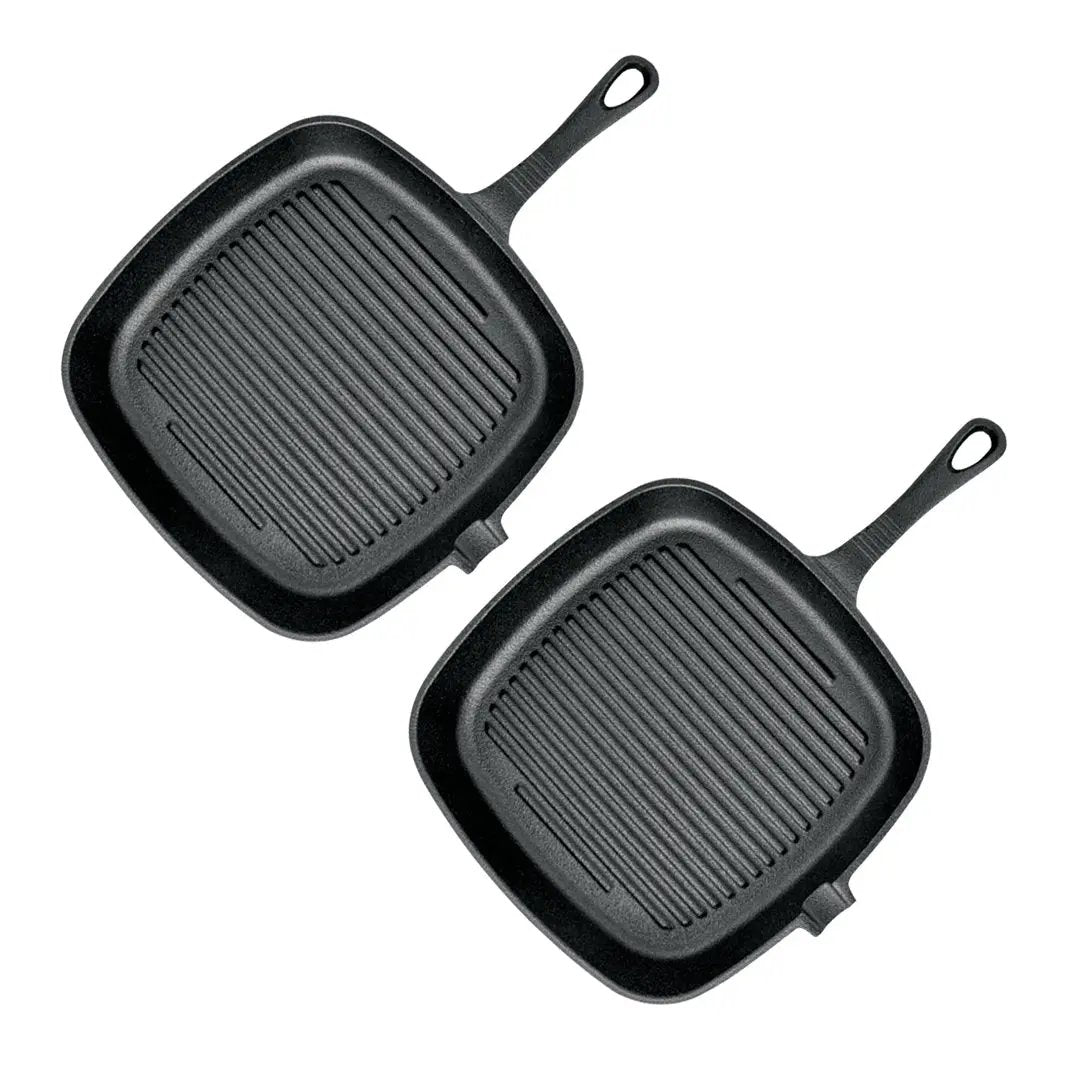 SOGA 2X 23.5cm Square Ribbed Cast Iron Frying Pan Skillet Steak Sizzle Platter with Handle Soga