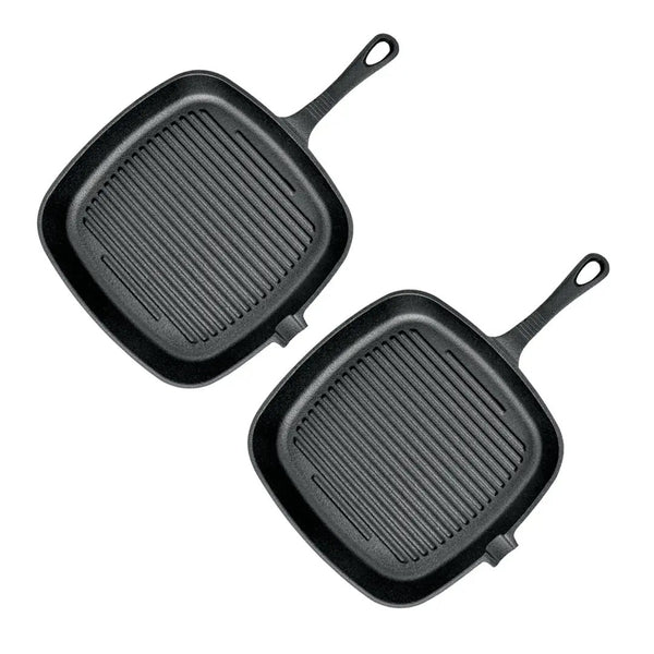 SOGA 2X 23.5cm Square Ribbed Cast Iron Frying Pan Skillet Steak Sizzle Platter with Handle Soga
