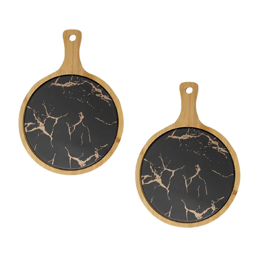 SOGA 2X 30cm Black Circle Wooden Serving Tray Slate Steak Serving Platter Chopping Board Paddle Home Decor Soga