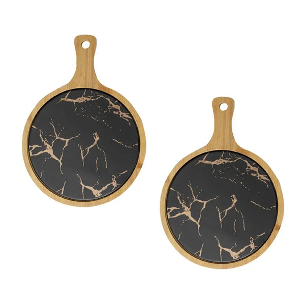 SOGA 2X 30cm Black Circle Wooden Serving Tray Slate Steak Serving Platter Chopping Board Paddle Home Decor Soga