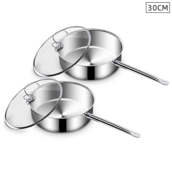 SOGA 2X 30cm Stainless Steel Saucepan Sauce pan with Glass Lid and Helper Handle Triple Ply Base Cookware Soga