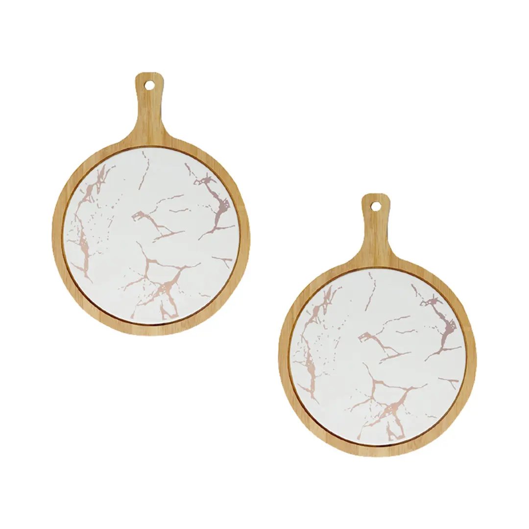 SOGA 2X 30cm White Circle Wooden Serving Tray Slate Steak Serving Platter Chopping Board Paddle Home Decor Soga