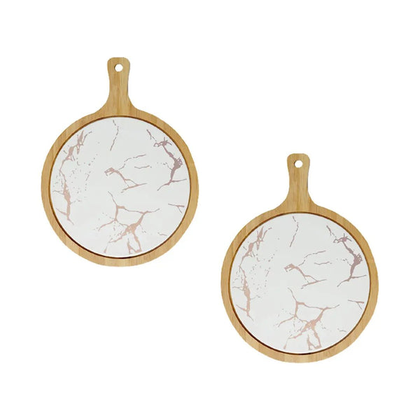 SOGA 2X 30cm White Circle Wooden Serving Tray Slate Steak Serving Platter Chopping Board Paddle Home Decor Soga