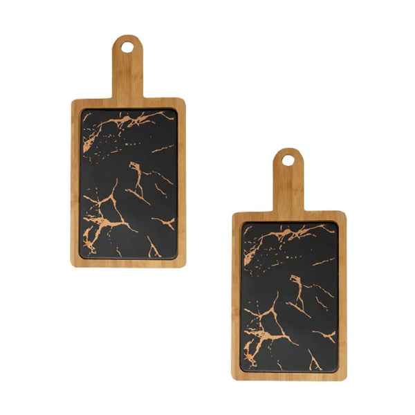 SOGA 2X 33.5cm Black Square Wooden Serving Tray Slate Steak Serving Platter Chopping Board Paddle Home Decor Soga