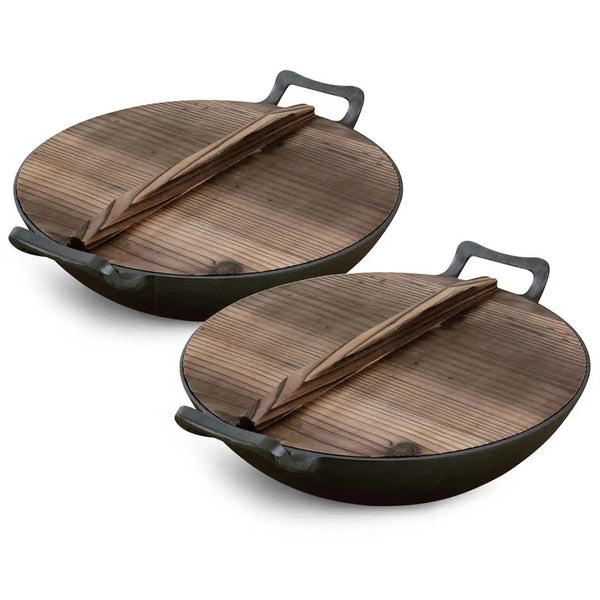 SOGA 2X 36CM Commercial Cast Iron Wok FryPan with Wooden Lid Fry Pan Soga
