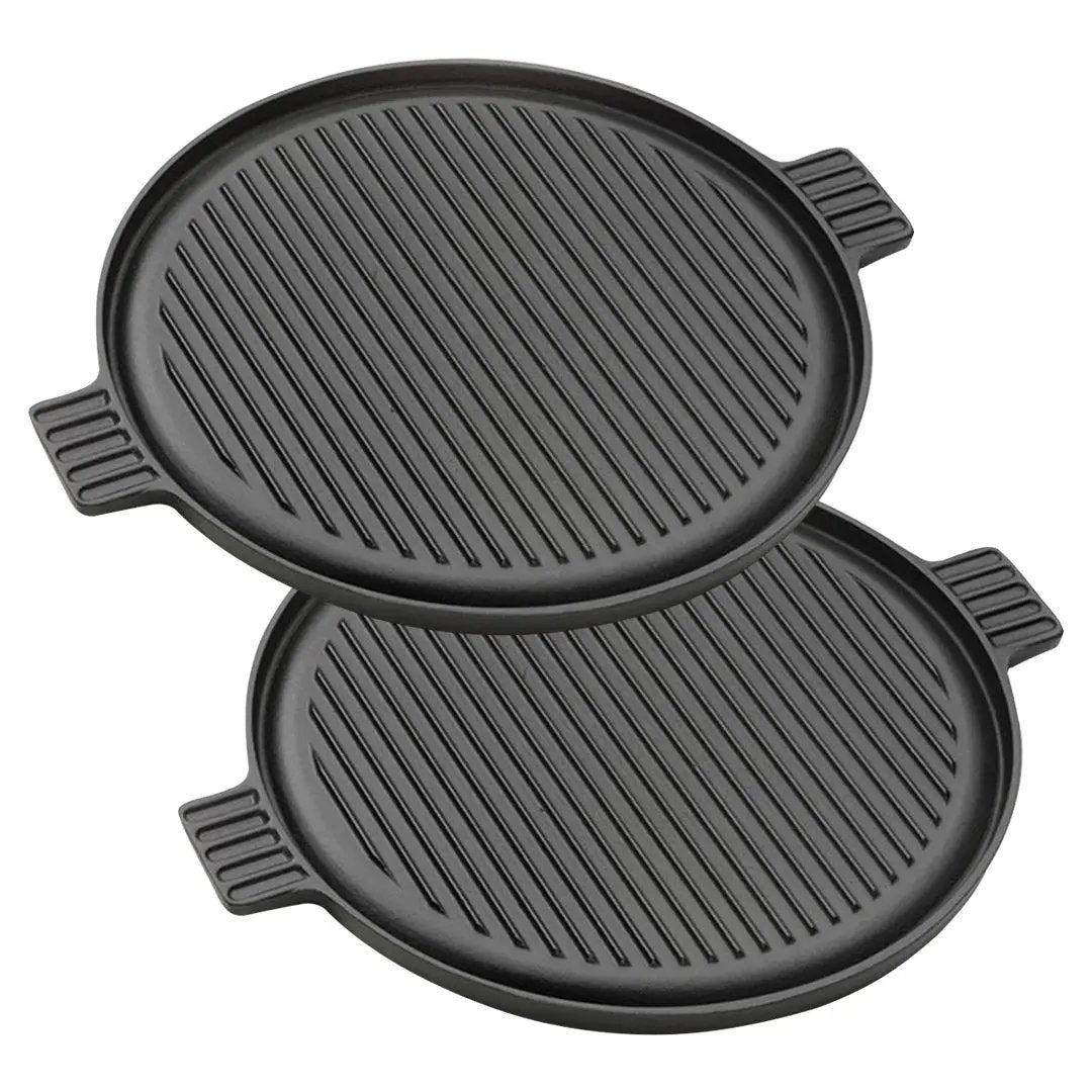 SOGA 2X 43cm Round Ribbed Cast Iron Frying Pan Skillet Steak Sizzle Platter with Handle Soga