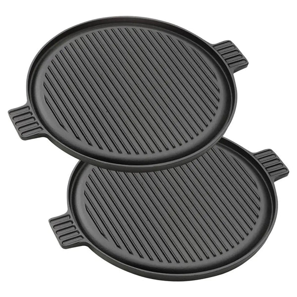 SOGA 2X 43cm Round Ribbed Cast Iron Frying Pan Skillet Steak Sizzle Platter with Handle Soga