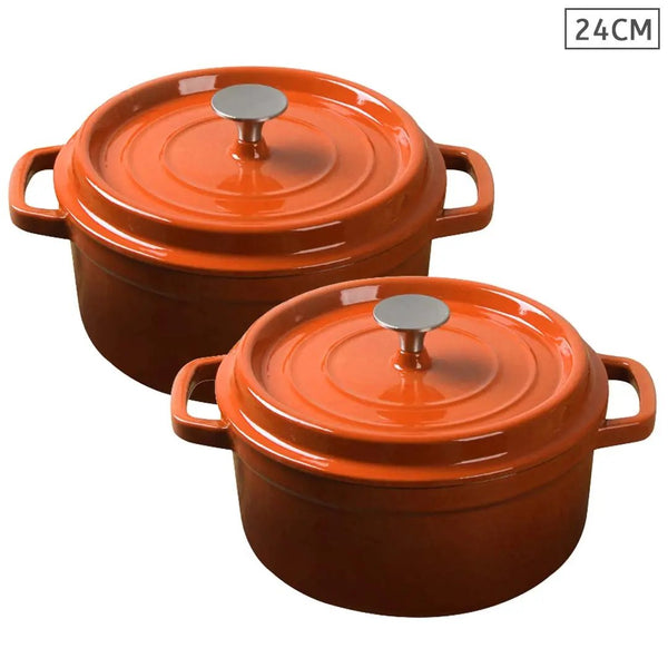 SOGA 2X Cast Iron 24cm Enamel Porcelain Stewpot Casserole Stew Cooking Pot With Lid Orange Soga