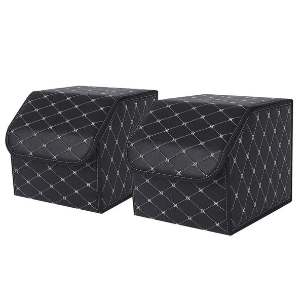 SOGA 2X Leather Car Boot Collapsible Foldable Trunk Cargo Organizer Portable Storage Box Black/Gold Stitch Small Soga
