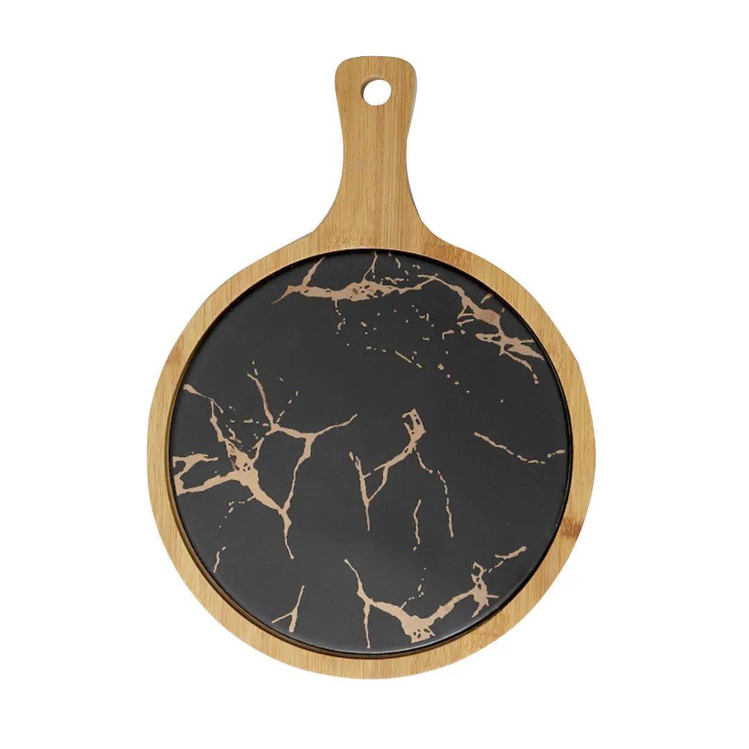 SOGA 30cm Black Circle Wooden Serving Tray Slate Steak Serving Platter Chopping Board Paddle Home Decor Soga