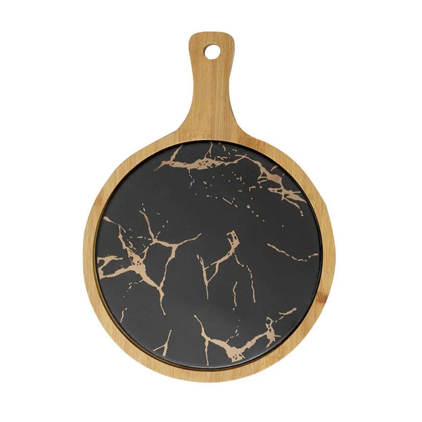 SOGA 30cm Black Circle Wooden Serving Tray Slate Steak Serving Platter Chopping Board Paddle Home Decor Soga