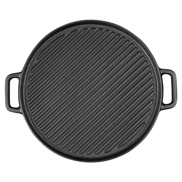 SOGA 30cm Round Cast Iron Ribbed BBQ Pan Skillet Steak Sizzle Platter with Handle Soga