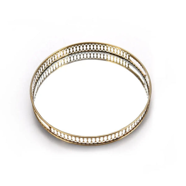 SOGA 32cm Gold Round Ornate Mirror Glass Metal Tray Vanity Makeup Perfume Jewelry Organiser with Handles Soga