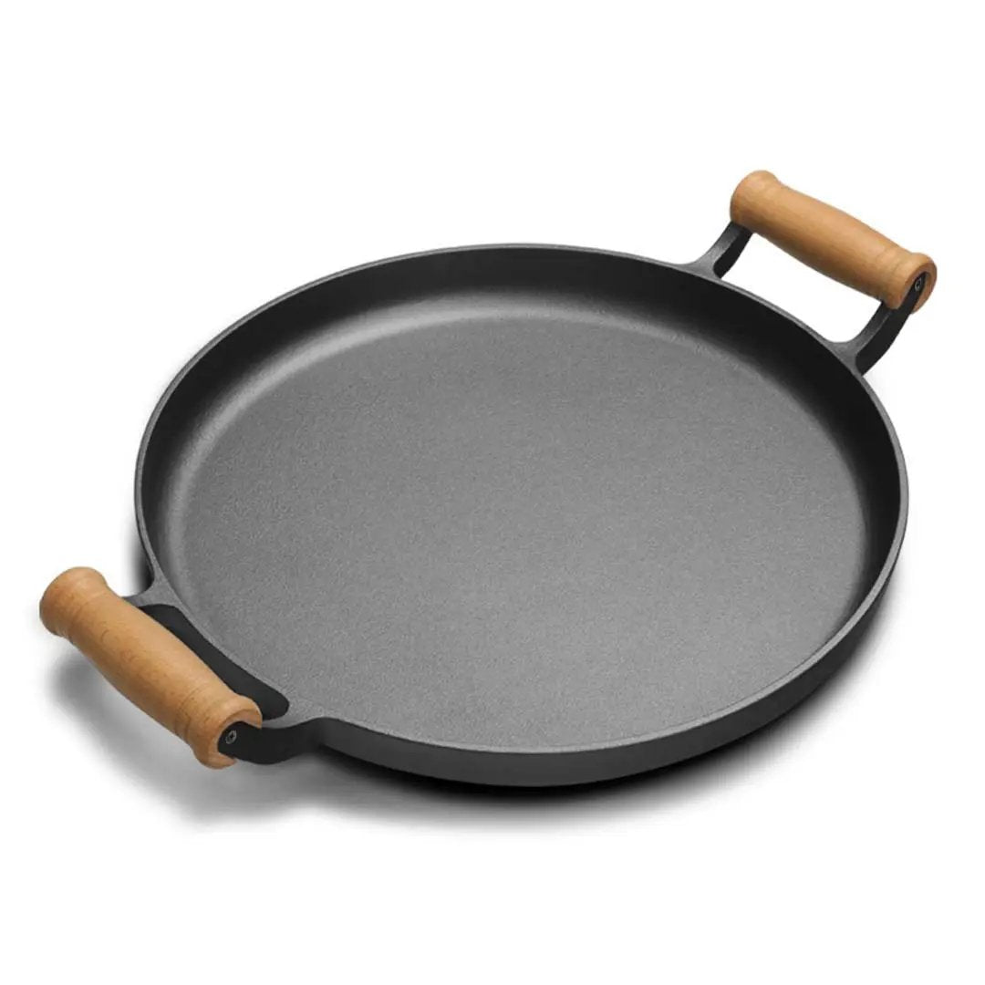 SOGA 35cm Cast Iron Frying Pan Skillet Steak Sizzle Fry Platter With Wooden Handle No Lid Soga