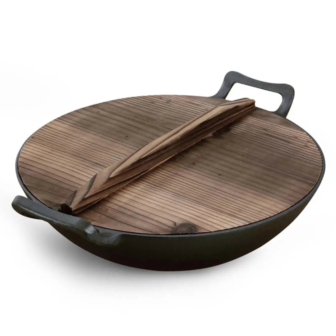 SOGA 36CM Commercial Cast Iron Wok FryPan with Wooden Lid Fry Pan Soga