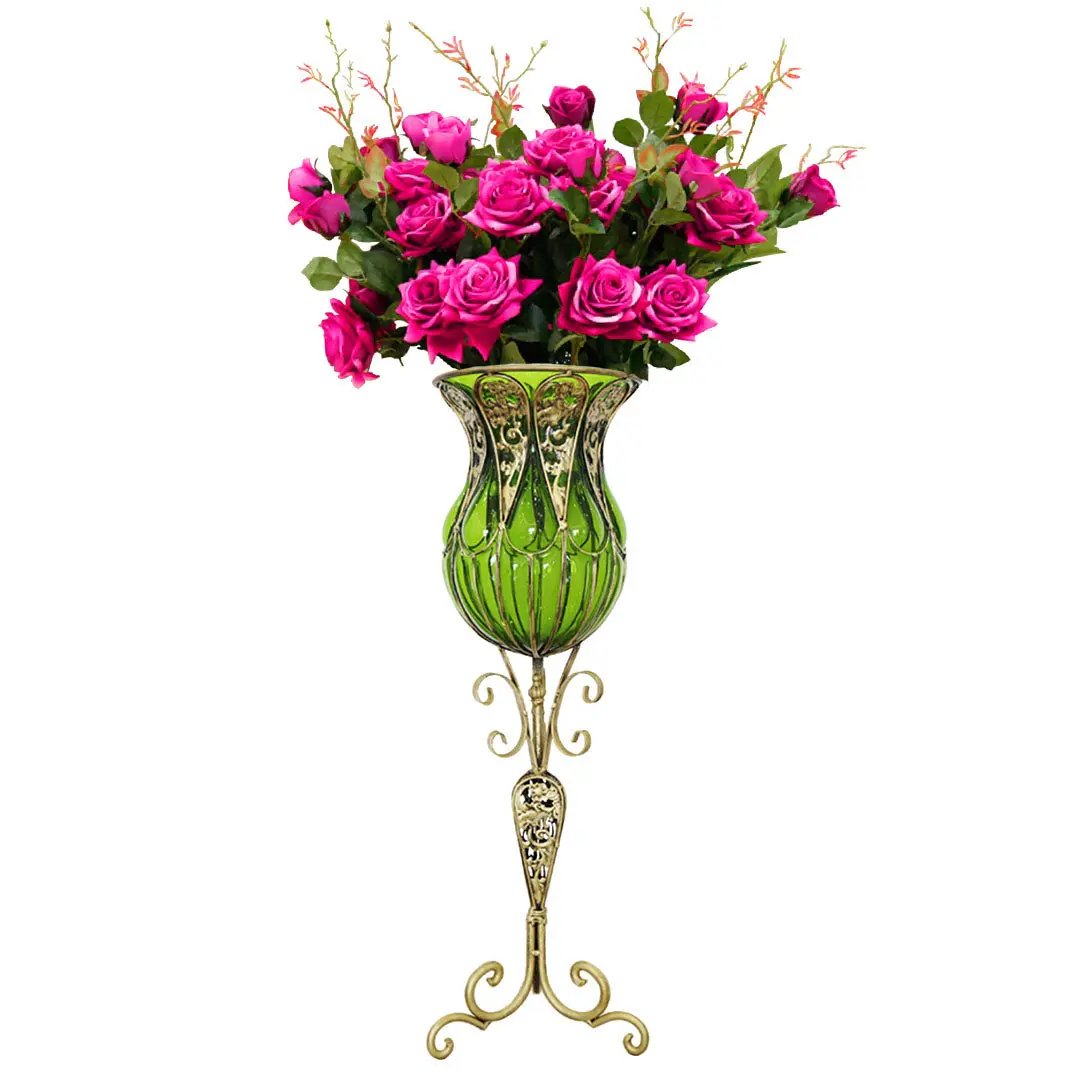 SOGA 85cm Green Glass Tall Floor Vase and 12pcs Dark Pink Artificial Fake Flower Set Soga