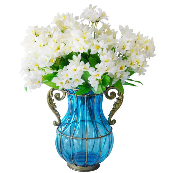 SOGA Blue Colored Glass Flower Vase with 10 Bunch 6 Heads Artificial Fake Silk Lilium nanum Home Decor Set Soga