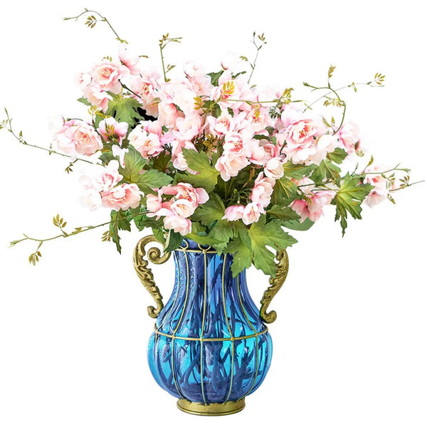 SOGA Blue Colored Glass Flower Vase with 8 Bunch 3 Heads Artificial Fake Silk Hibiscus Home Decor Set Soga