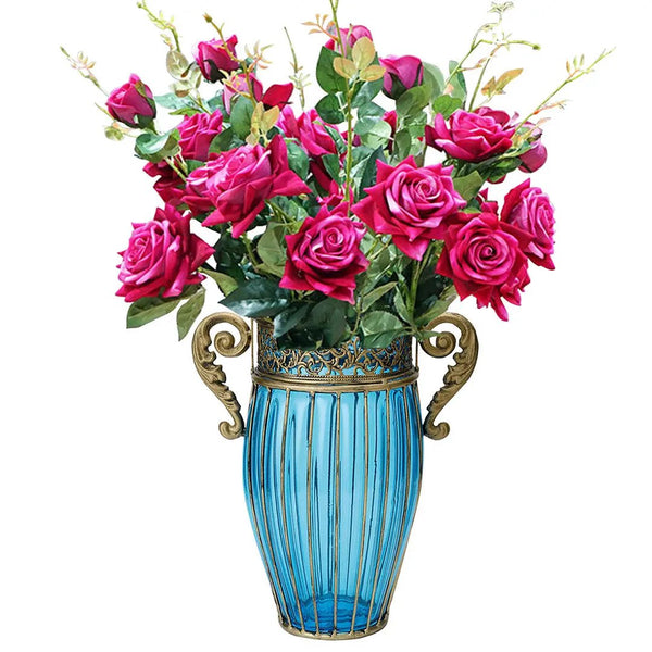 SOGA Blue Colored Glass Flower Vase with 8 Bunch 5 Heads Artificial Fake Silk Rose Home Decor Set Soga