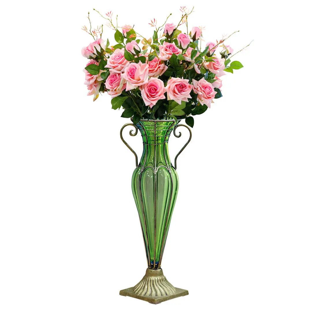 SOGA Green Colored Glass Flower Vase with 6 Bunch 5 Heads Artificial Fake Silk Rose Home Decor Set Soga