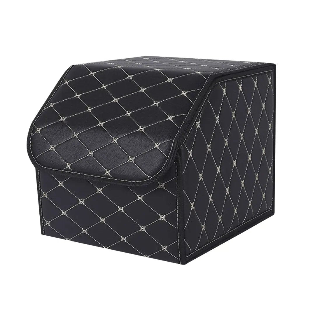 SOGA Leather Car Boot Collapsible Foldable Trunk Cargo Organizer Portable Storage Box Black/Gold Stitch Small Soga