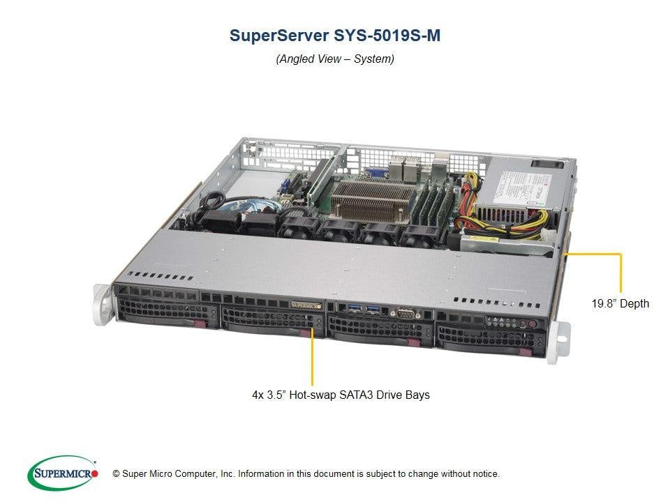 SUPERMICRO 1RU SuperServer 5019S-M Barebone Server, Single E3 Socket, 4 x3.5' HDD HS, C236, IPMI, 350w PSU SUPERMICRO