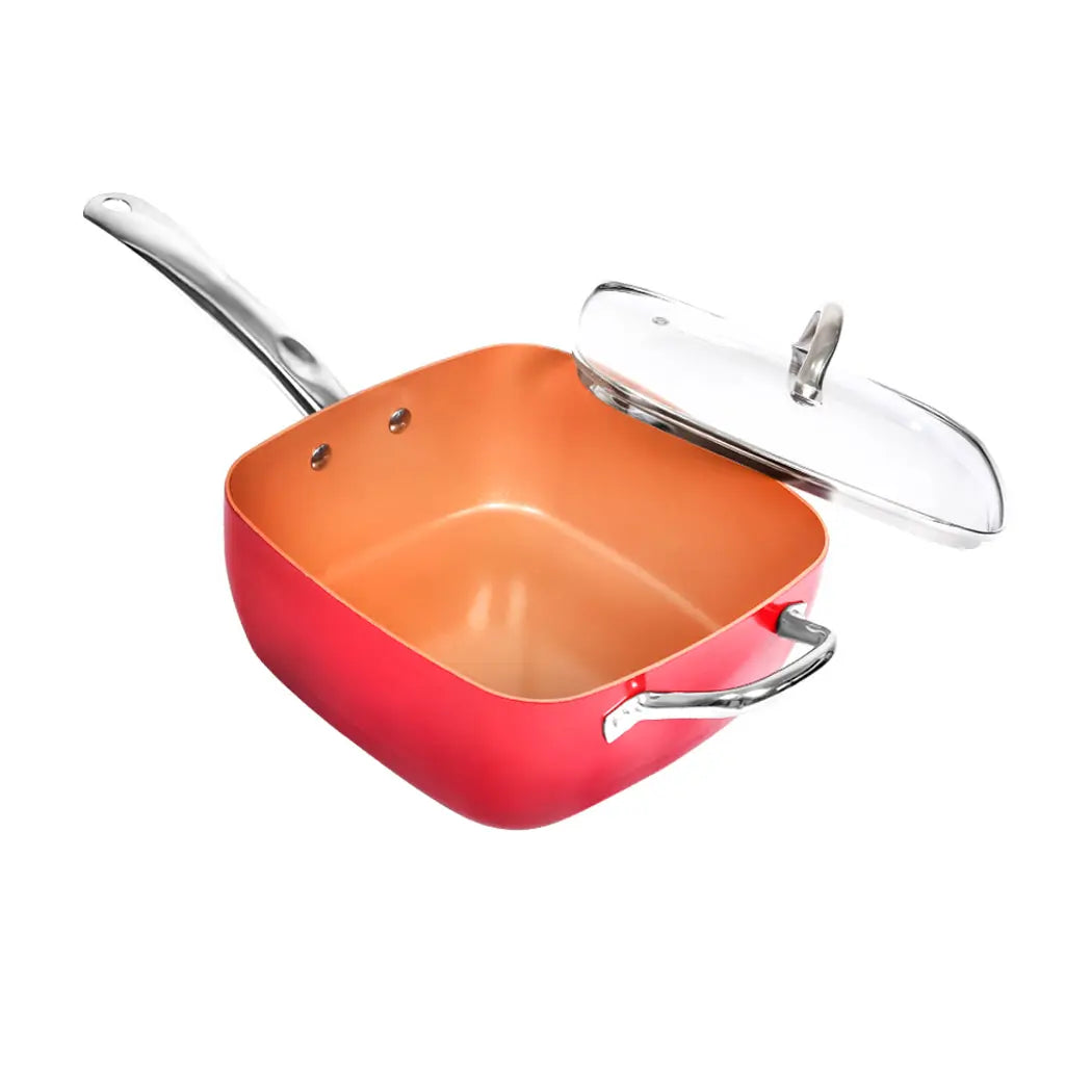 Saucepan Set Frying Pan Non Stick Deep Fry Steamer Lid Stainless Steel Handle Red Deals499