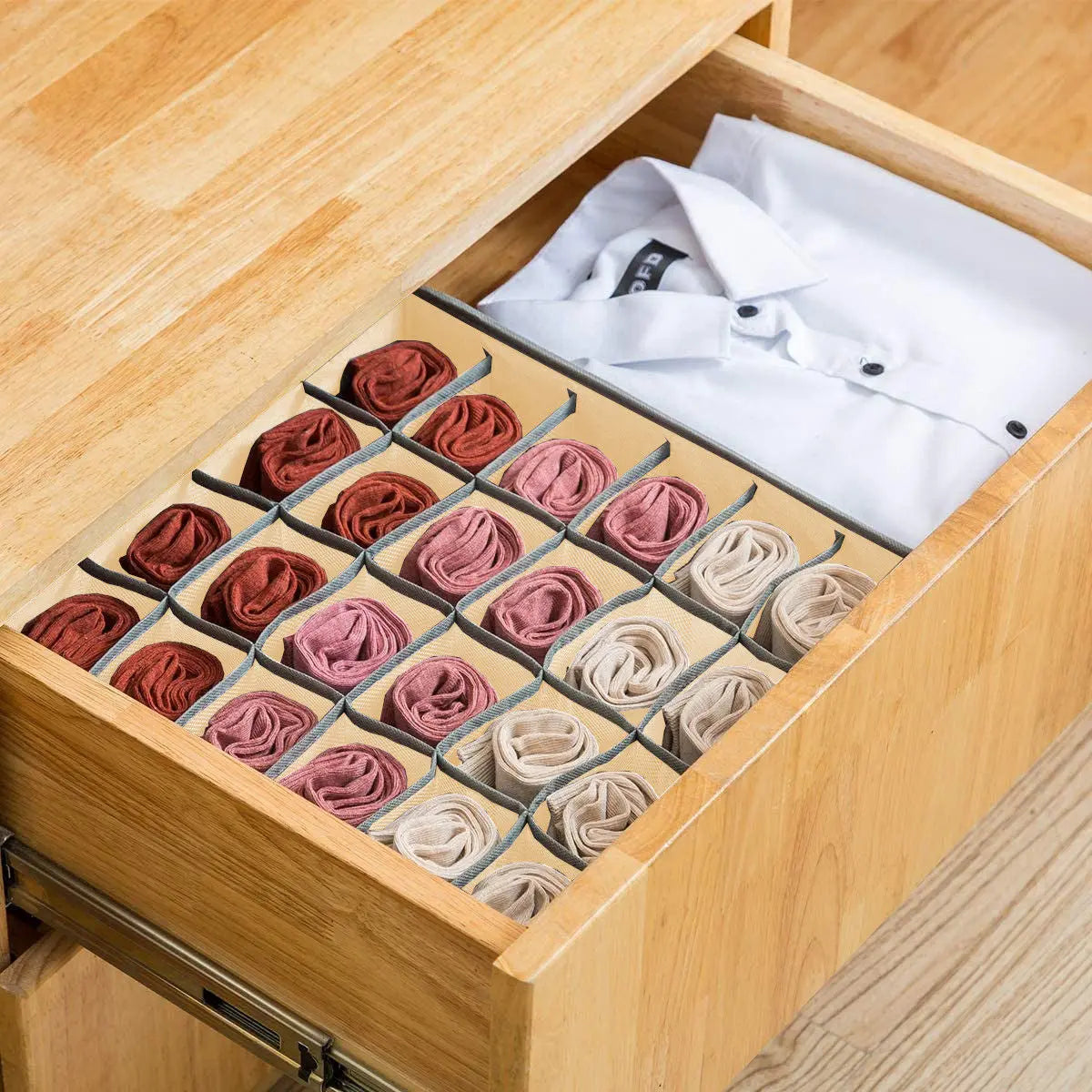 Set of 2 Fabric Drawer Organizer Divider Storage Boxes for Storing Socks, Underwear, Ties, Scarves (Beige) from Deals499 at Deals499