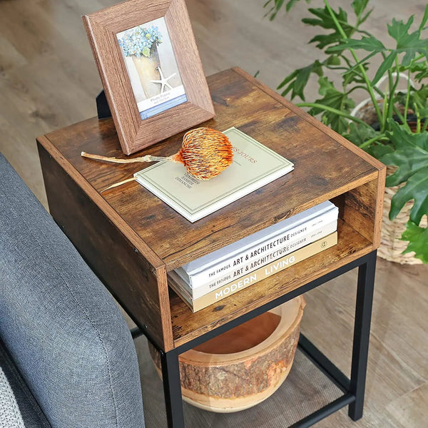 Side Table with Open Compartment and Mesh Shelf Rustic Brown and Black Deals499