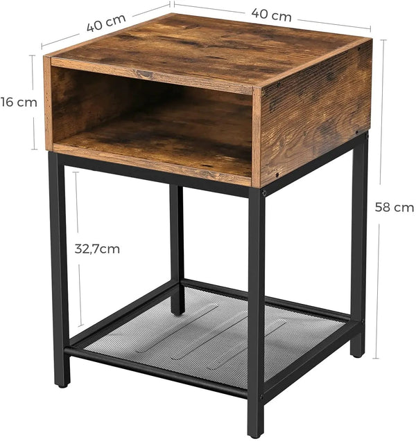 Side Table with Open Compartment and Mesh Shelf Rustic Brown and Black Deals499