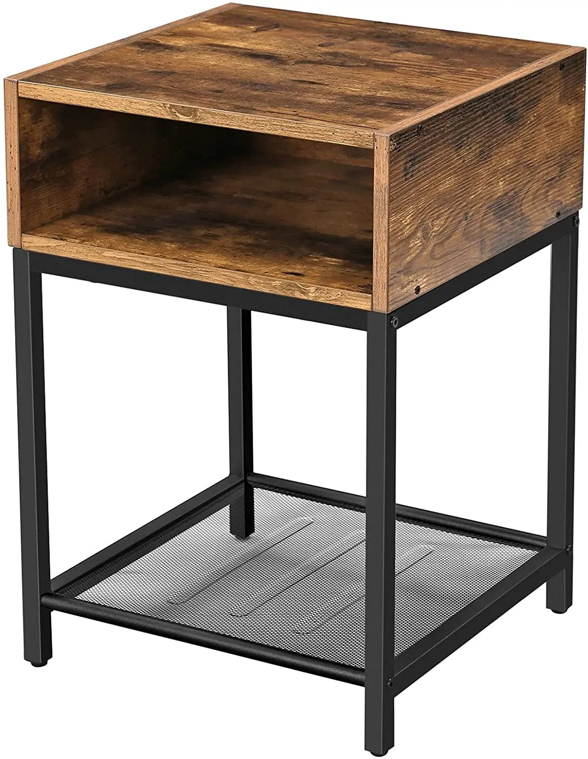 Side Table with Open Compartment and Mesh Shelf Rustic Brown and Black Deals499