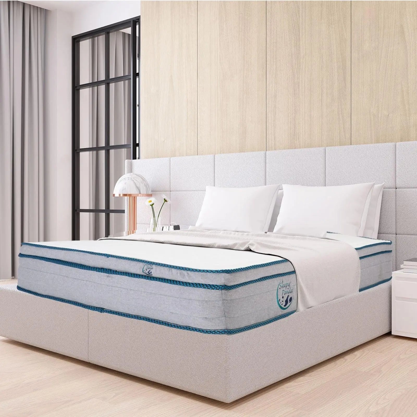 Sleepy Panda Mattress 5 Zone Pocket Spring EuroTop Medium Firm 30cm Thickness White, Grey, Blue King Deals499