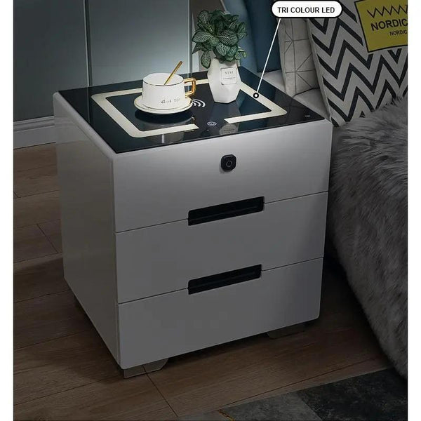 Smart Bedside Tables Finger Print Lock Side 3 Drawers Wireless Charging USB Nightstand LED  AU Deals499