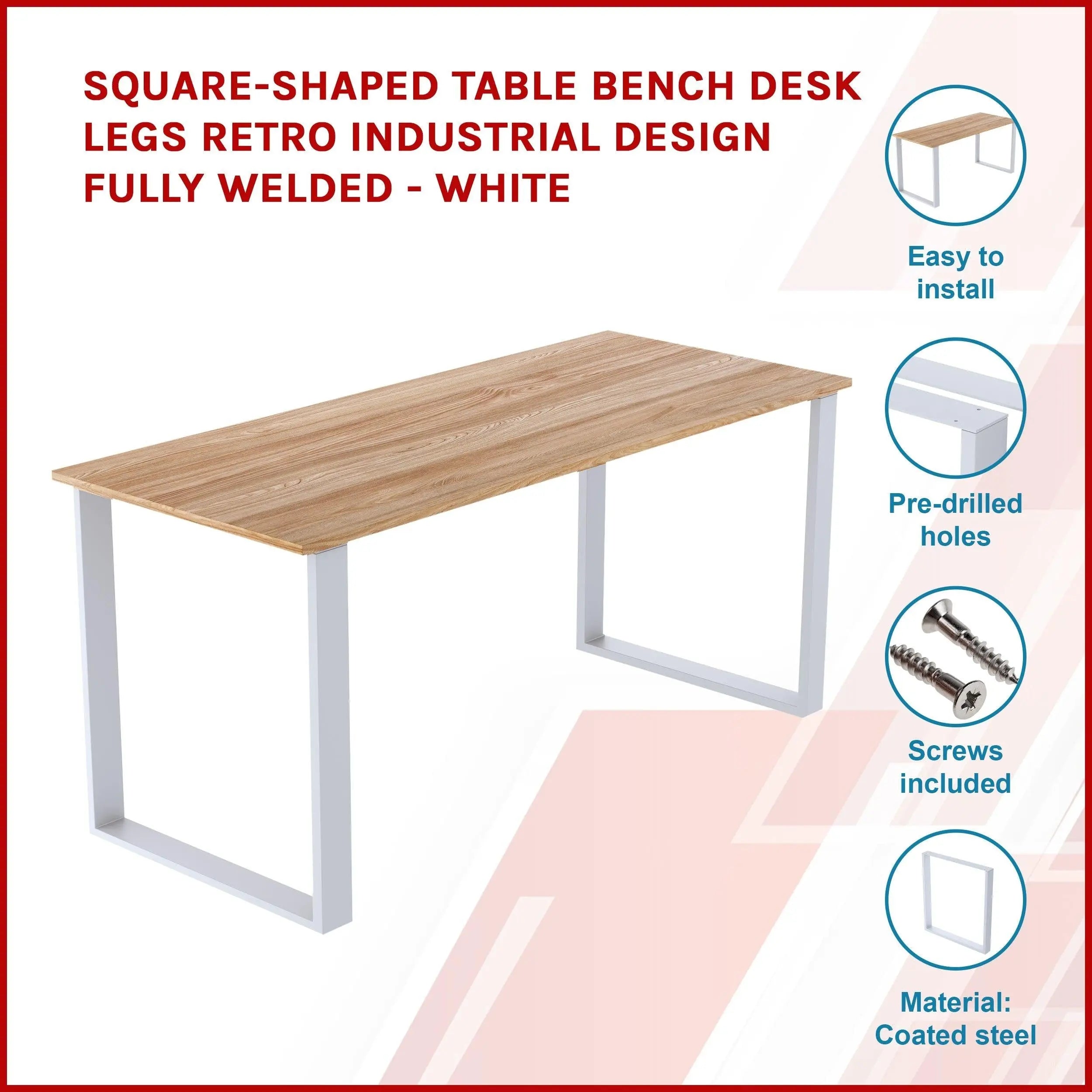Square Shaped Table Bench Desk Legs Retro Industrial Design Fully Welded - White Deals499