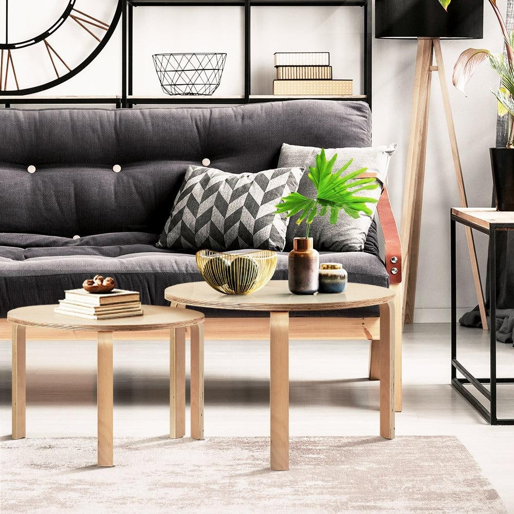 Artiss Coffee Table Nest of 2 Round Side End Tables Bedside Furniture Wooden Deals499