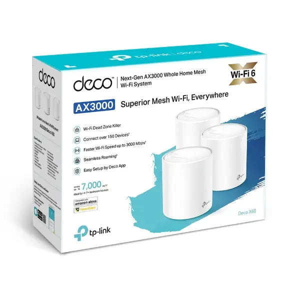 TP-LINK Deco X60 (3-pack) AX3000 Whole Home Mesh Wi-Fi System (WIFI6), Up to 650sqm Coverage, WPA3, TP-Link Homecare, OFDMA, MU-MIMO TP-LINK