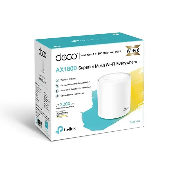 TP-LINK DecoDeco X20 (1-pack)AX1800 Whole Home Mesh Wi-Fi 6 System, Up To 200 sqm Coverage, WIFI6, 1201Mbps @ 5Ghz, 574Mbps @ 2.4 GHz OFDMA, MU-MIMO TP-LINK