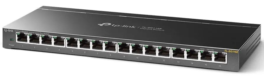 TP-LINK TL-SG116E 16-Port Gigabit Unmanaged Pro Switch Desktop/Wall Mounting L2 Features 32xVLAN 32Gbps Capacity 23.81Mpps 8K MAC 4.1Mb Buffer Fanless TP-LINK