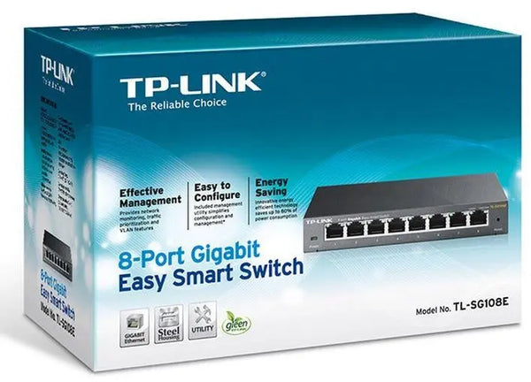TP-Link TL-SG108E 8-Port Gigabit Easy Smart Switch Provides network monitoring, traffic prioritization and VLAN Web-based user interface Fanless TP-LINK
