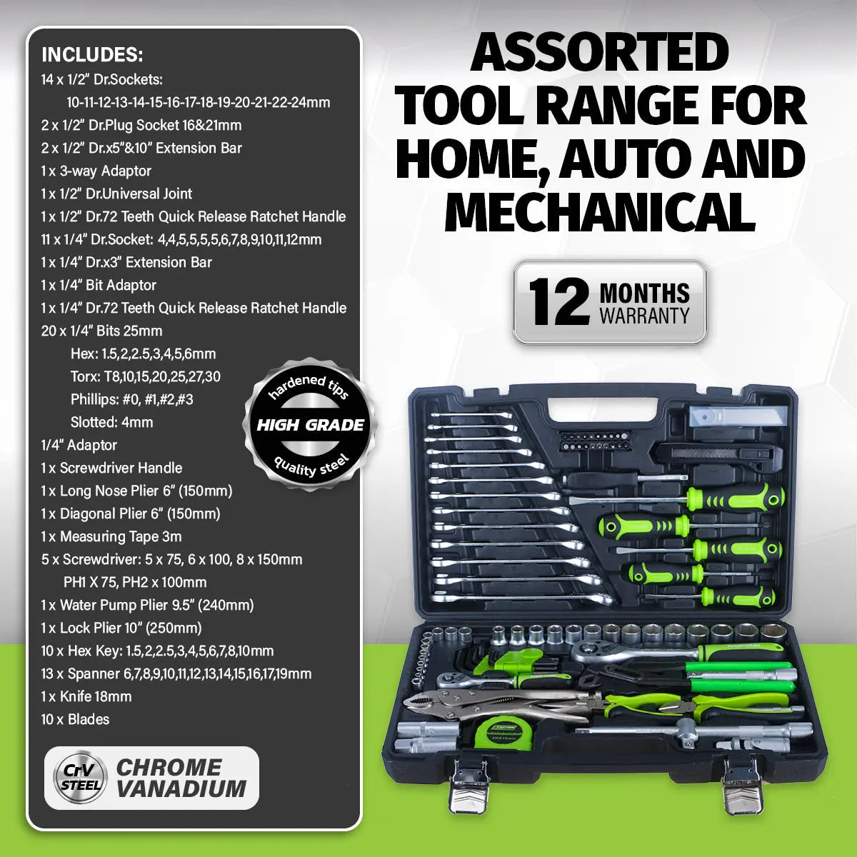 Taipan 100PCE Home Auto Premium Quality Tool Set Case Chrome Vanadium Steel Deals499