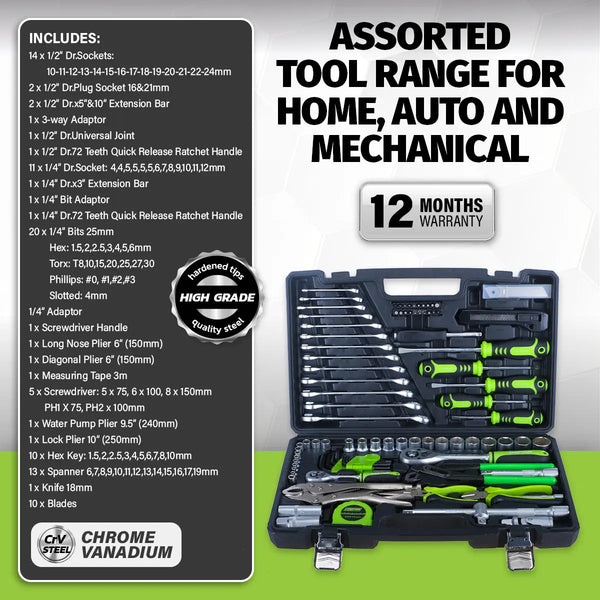 Taipan 100PCE Home Auto Premium Quality Tool Set Case Chrome Vanadium Steel Deals499
