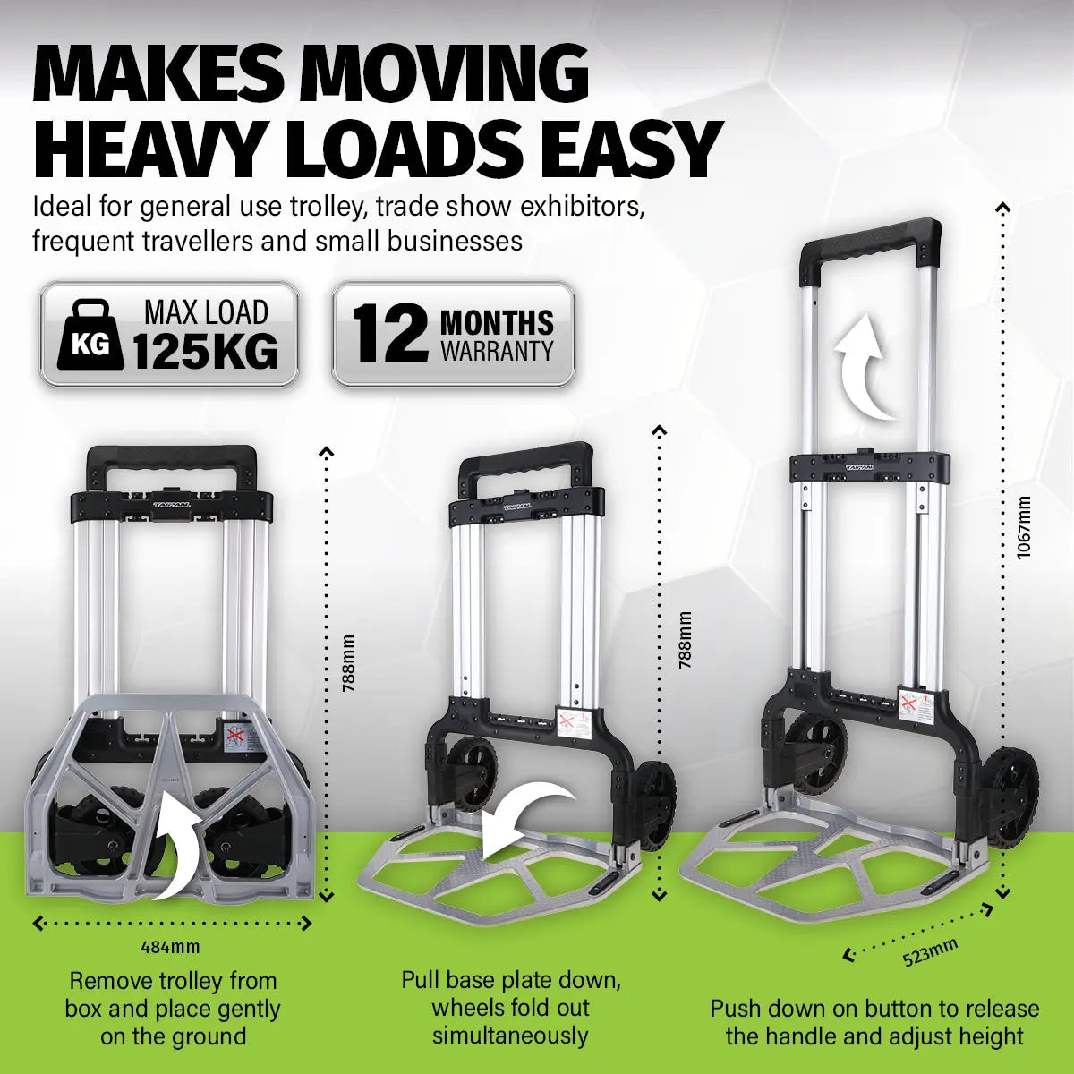 Taipan 125KG Foldable Hand Trolley Aluminium Frame Height Adjustable Handle Deals499