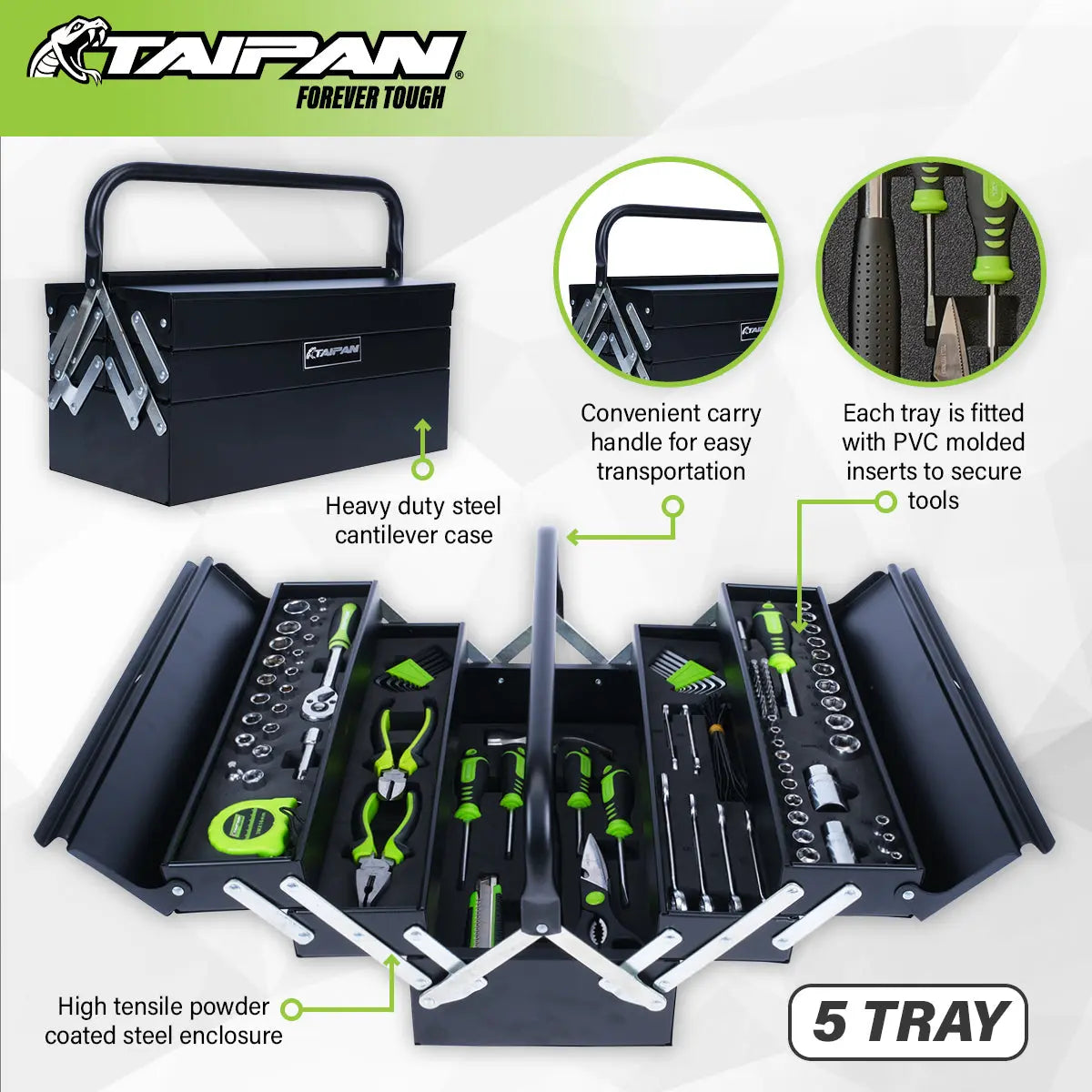 Taipan 126PCE 5 Tray Cantilever Metal Tool Set Premium Chrome Vanadium Steel Deals499