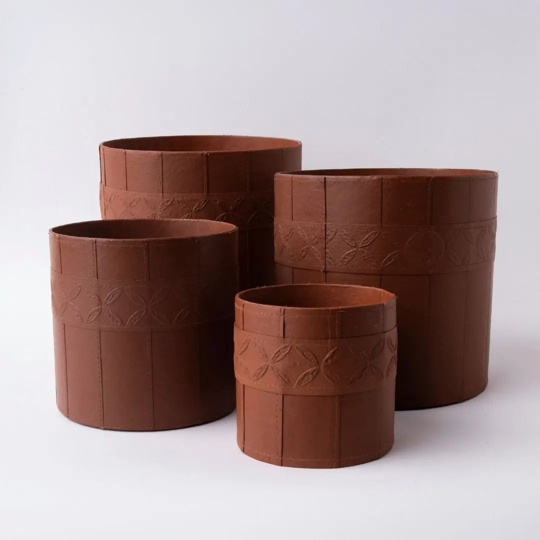 Tree Stripes Leather Look Cylinder Pot - Cognac (Medium) Deals499