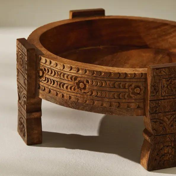 Tree Stripes Maala Hand Carved Chakki Accent Coffee Table (Natural) - Large Deals499