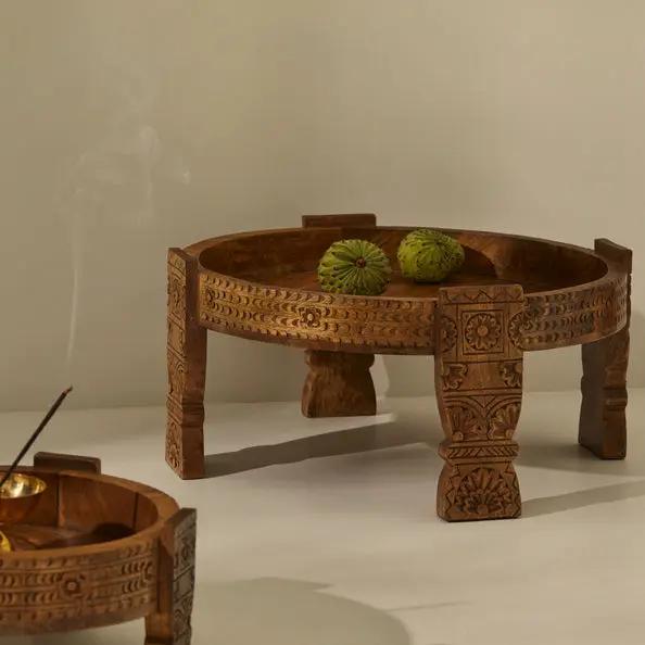 Tree Stripes Maala Hand Carved Chakki Accent Coffee Table (Natural) - Small Deals499